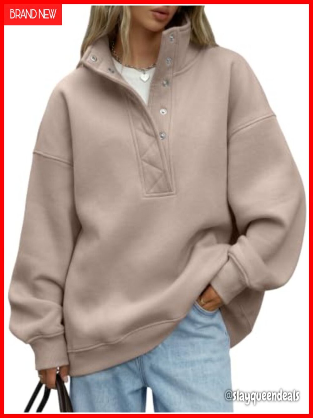 Oversized Henley Snap Collar Sweatshirt Pullover Long Sleeve